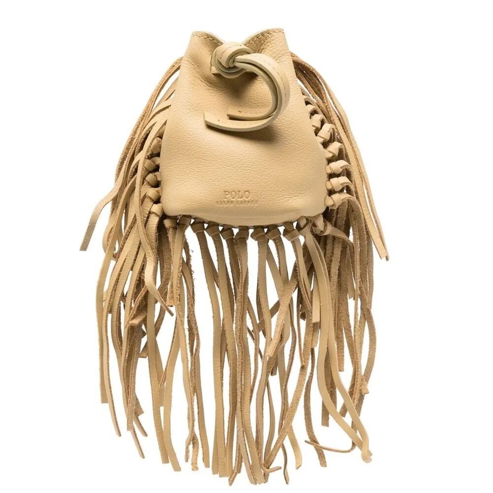 Polo Ralph Lauren Leather Fringe Pouch Bag Beige Drawstring OS